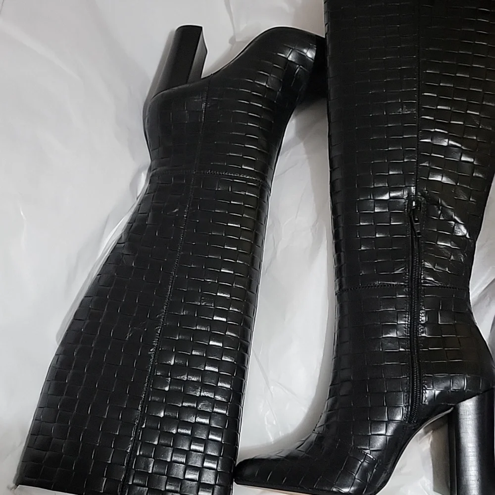 New Dune London Sonoma Black Woven Leather Knee High Boots